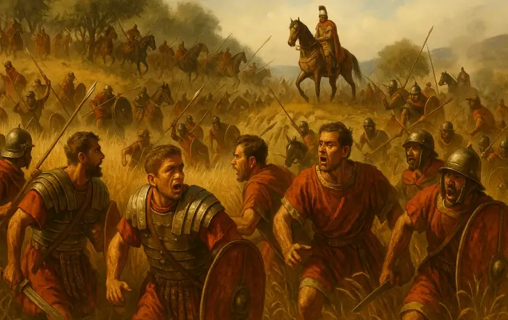 Herdonia yakınlarında Roma ordusunun Hannibal’ın kurduğu pusuya düşüşünü gösteren sahnede, panik içindeki Roma askerleri geri çekilirken Kartaca süvarileri baskın manevrası yapıyor.